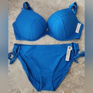 38D/XL VS Swim Sexy Tee PushUp Bikini Top Side Tie Cheeky Bikini Set Blue